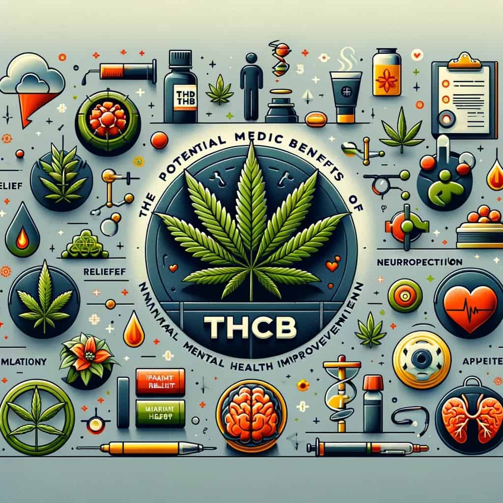 Från THC till THCB: Cannabisrevolutionen 2024 3 En konstnärlig bild som representerar de potentiella medicinska fördelarna med THCB, med abstrakta element som symboliserar smärtlindring, antiinflammatoriska egenskaper, neuroprotektion, mental hälsostöd och aptitstimulering.