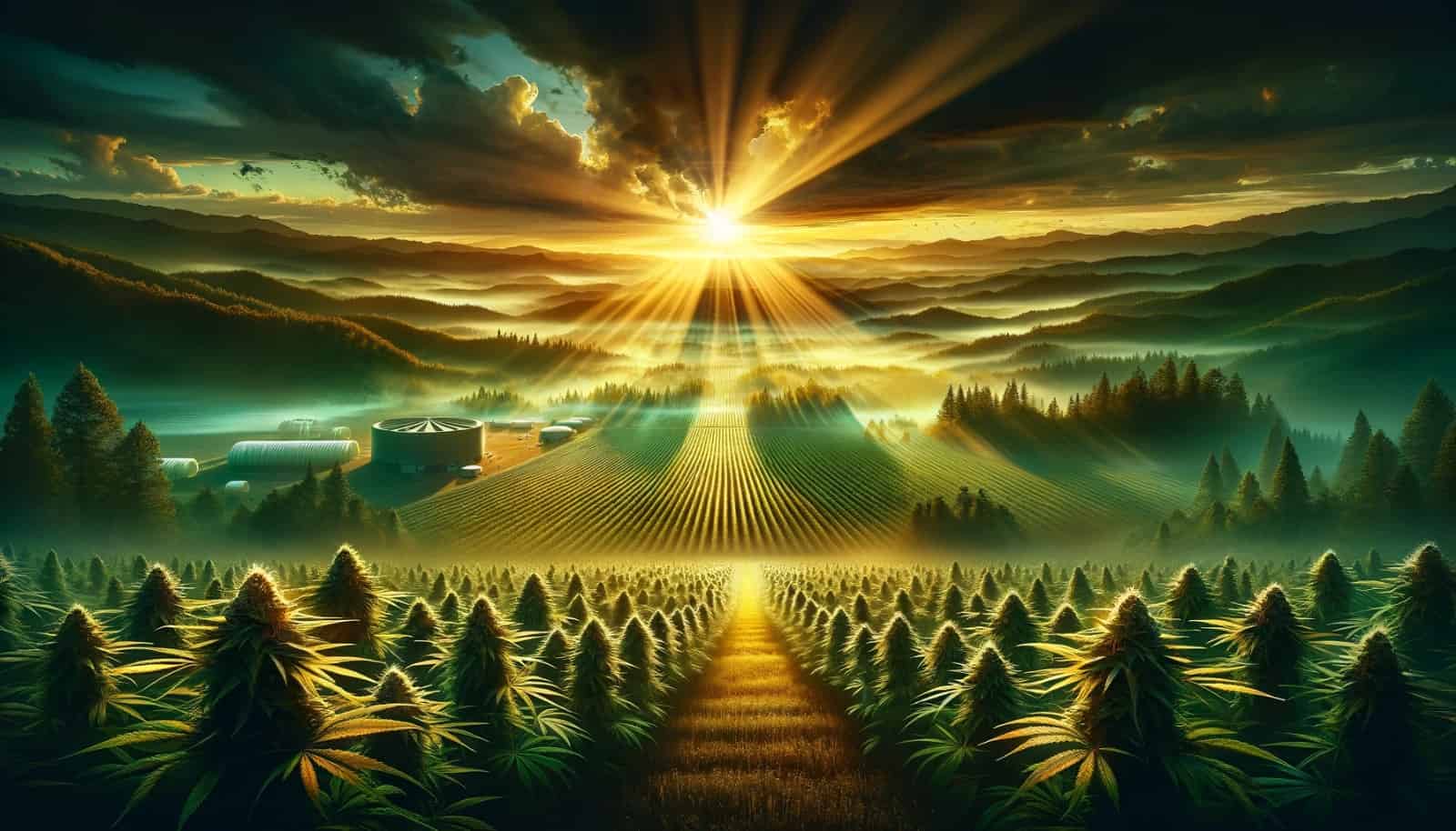 En episk landskapsbild med en mer dramatisk soluppgång och en rikare färgpalett för att intensifiera känslan av innovation och framsteg inom cannabisforskning och THCB:s potential.