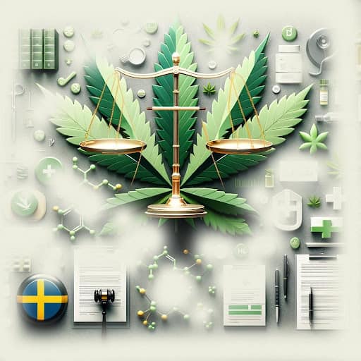 En informativ och balanserad bild som kombinerar juridiska och cannabisrelaterade symboler mot en professionell bakgrund, för att illustrera den juridiska statusen och regleringsmiljön för THCB i Sverige.