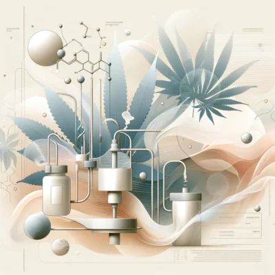 Abstrakt infographic som skildrar den lagliga statusen och tillverkningsprocessen för Cannabinol (CBN) och Cannabigerol (CBG) i Sverige med mjuka, flytande linjer, eteriska former och en dämpad färgpalett. Designen symboliserar på ett subtilt sätt de naturliga och rena aspekterna av extraktionsprocessen och ett miljövänligt tillvägagångssätt, utan detaljerade beskrivningar eller text, framställande en elegant och visuellt lugnande estetik.