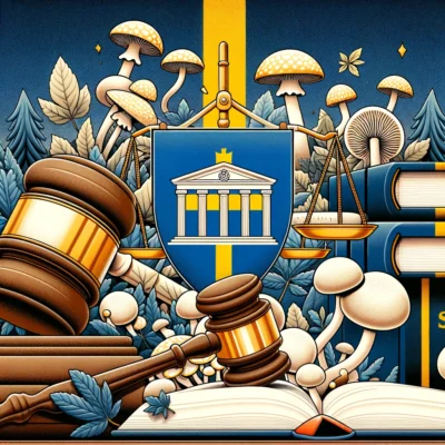 Informationsgrafik som beskriver lagstiftningen kring Amanita Muscaria Gummies i Sverige, med symboler som representerar juridiska dokument och skalen av rättvisa, mot en bakgrund av den svenska flaggan och en illustration av Amanita Muscaria-svampar.