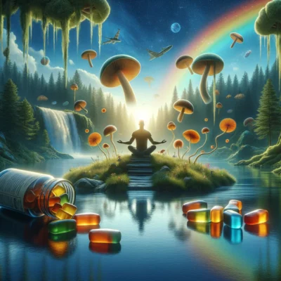 Amanita Muscaria Gummies 11 En inspirerande bild som framhäver de psykologiska och fysiska hälsofördelarna med Amanita Muscaria Gummies, med element som symboliserar avkoppling, mental klarhet och välbefinnande, inklusive en fredfull skog, lugnande vatten och en person i meditativ avslappning.