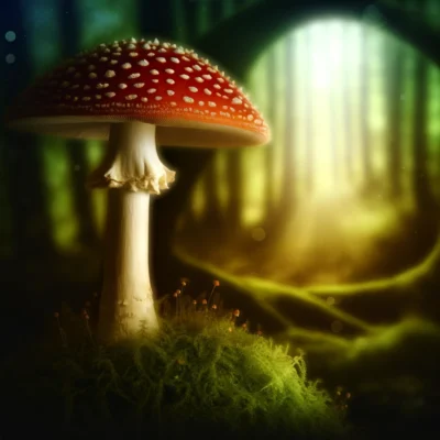 Amanita Muscaria Gummies 10 Amanita Muscaria Gummies, inspirerade av den naturliga skönheten hos röda flugsvampar, presenterade på en mossbeklädd stock i en betagande skogsmiljö.