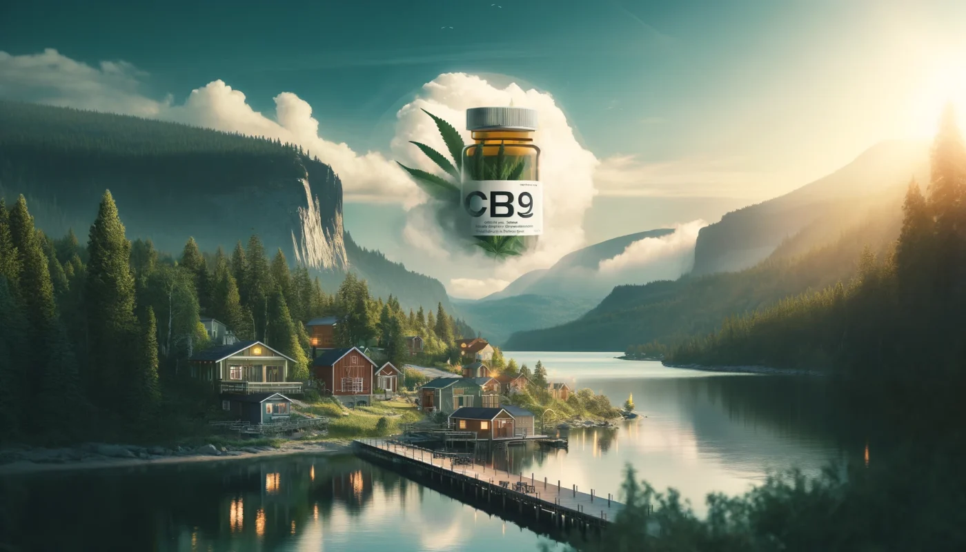 En vetenskapligt korrekt illustration av CB9-cannabinoid molekylen, märkt 'CB9' i tydlig text, mot en abstrakt bakgrund av gröna, blåa och jordiga toner, som symboliserar lugn och hälsa.
