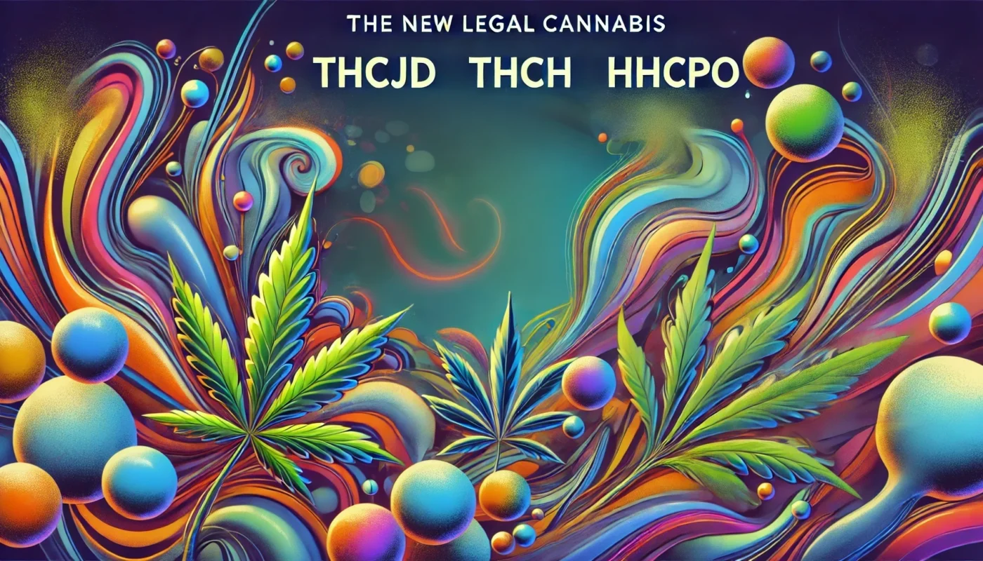 En abstrakt och levande illustration som representerar de nya lagliga cannabisalternativen THCJD, THCH och HHCPO. Bilden har en minimalistisk design med mjuka, blandade färger som pastellgrönt, blått och lila. Den inkluderar subtila kemiska strukturer, abstrakta lövmönster samt glödande orbs och linjer för att skapa en känsla av energi och dynamik. Designen framhäver de innovativa och mångfaldiga aspekterna av dessa cannabisderivat.