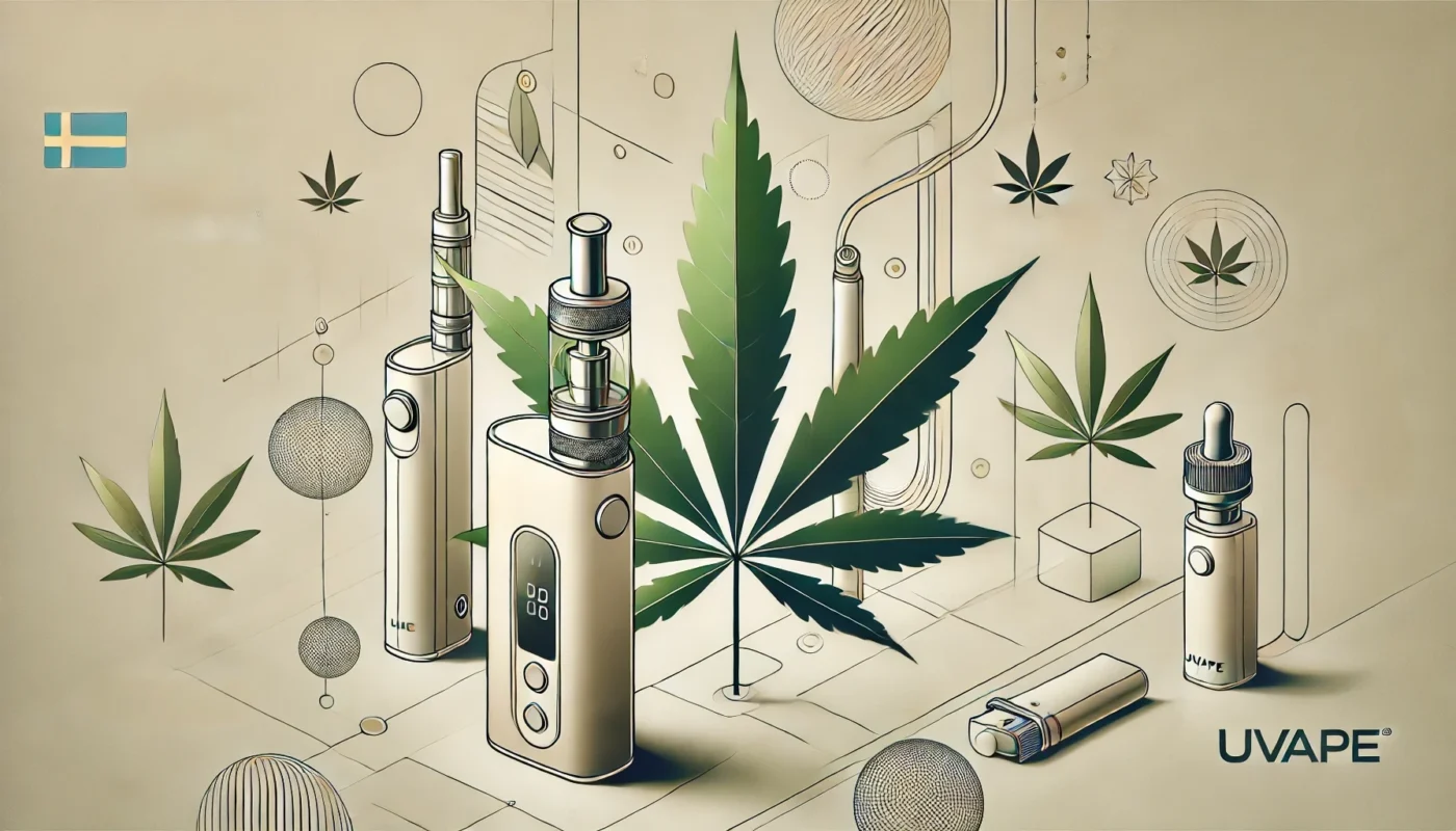 HHC: Från Lagligt Kryphål till Olagligt i Sverige 10 En modern och ren illustration som representerar Uvape som pionjärer inom den lagliga cannabisindustrin i Sverige. Bilden inkluderar stiliserade element av vaping-enheter och cannabisblad, arrangerade i en minimalistisk design. Abstrakta linjer och symboler antyder innovation och modernitet, med en färgpalett av neutrala toner och subtila gröna accenter, som symboliserar cannabis. Bilden är fri från nationella symboler och text.