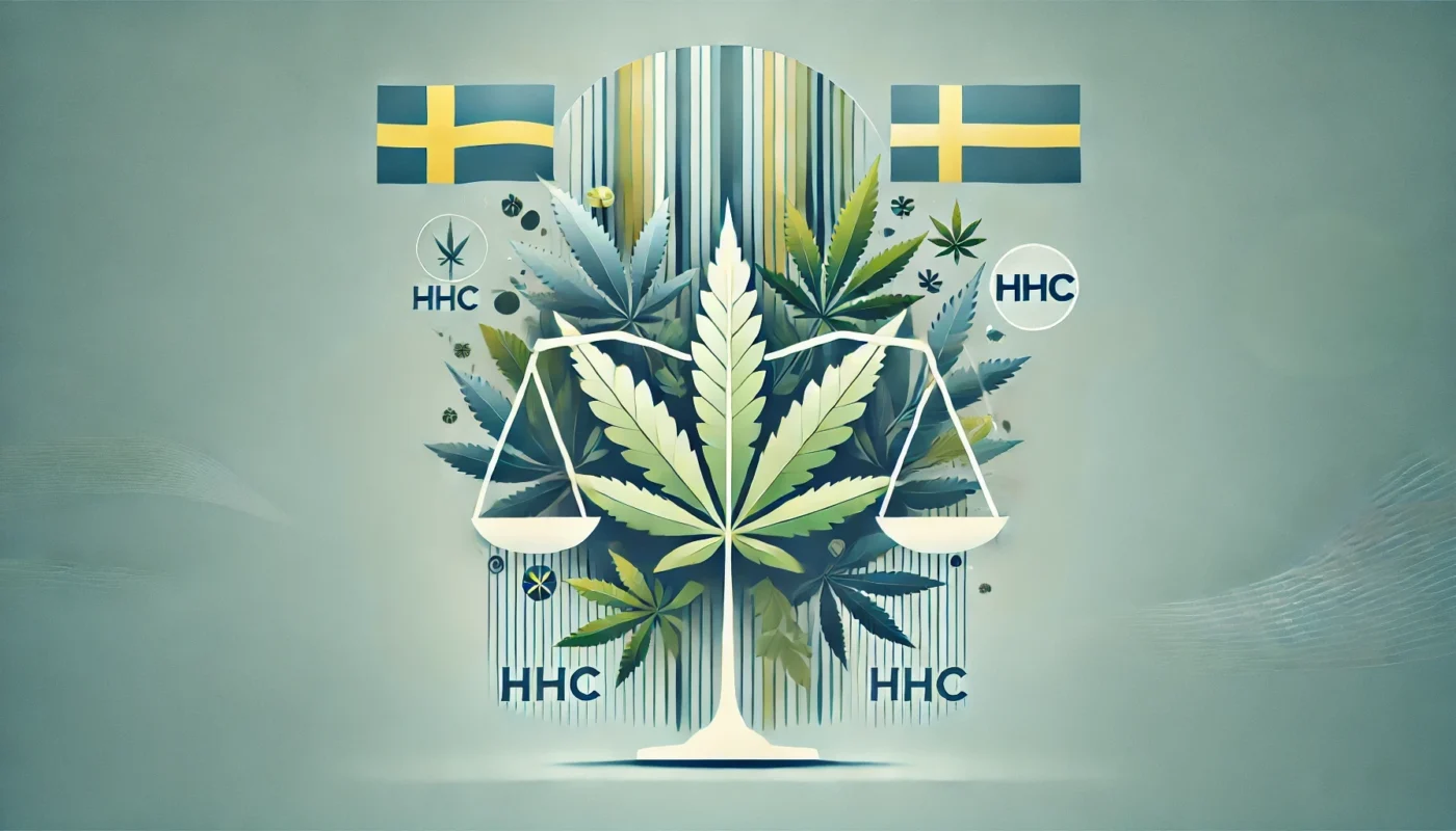 HHC: Från Lagligt Kryphål till Olagligt i Sverige 13 En ren och modern illustration som representerar framväxten av HHC (Hexahydrocannabinol). Bilden inkluderar abstrakta representationer av cannabisblad samt symboler för rättvisa och laglighet. Färgpaletten består av lugnande gröna och blå toner, vilket symboliserar natur och en fredlig atmosfär. Bilden är utformad utan flaggor eller nationella symboler, för att framhäva de naturliga och juridiska aspekterna av cannabis.