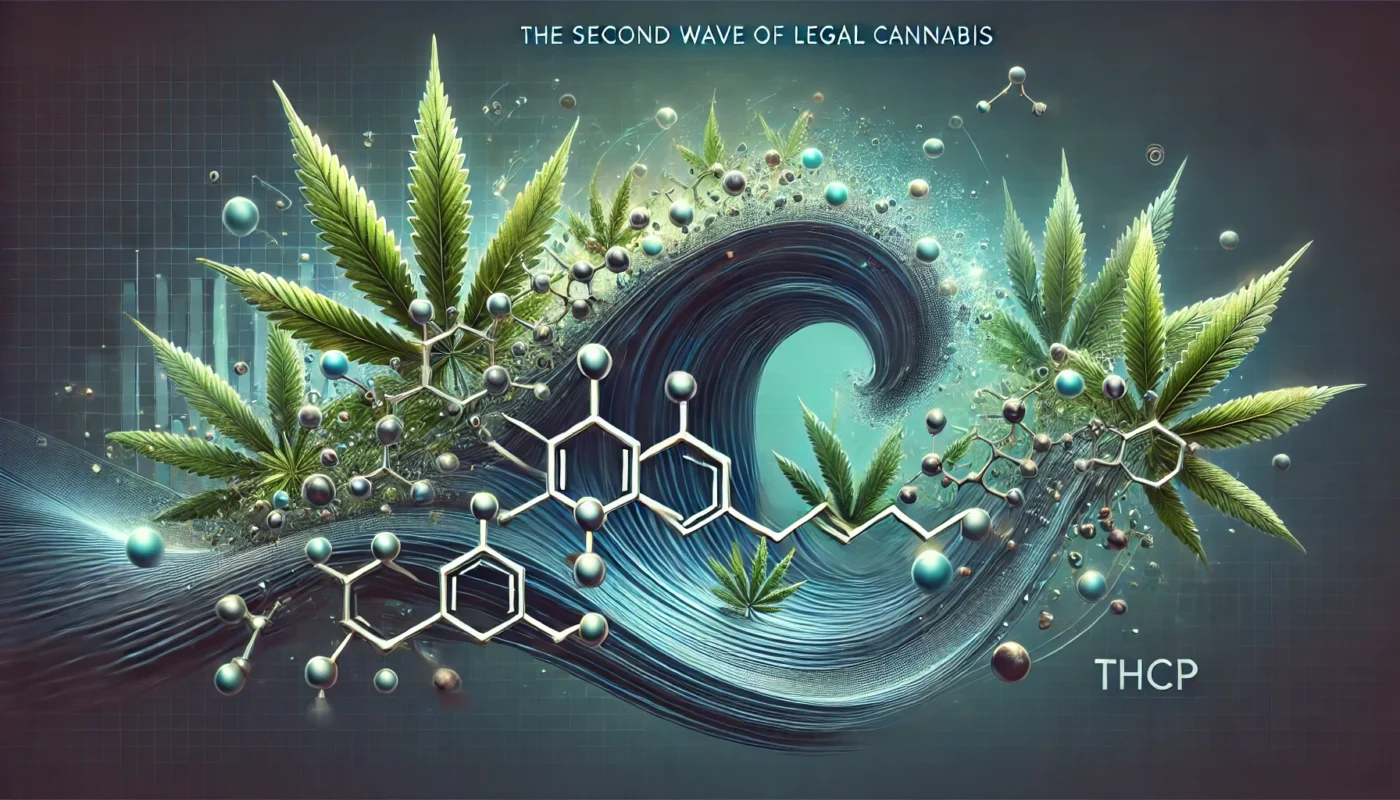 THCP: Andra Vågen av Laglig Cannabis – 15 Viktiga Frågor 9 En digital illustration som visar en futuristisk våg formad av cannabisblad och molekylära strukturer av THCP. Bilden har en modern och stilren design med nyanser av grönt, blått och metalliska toner. De olika elementen smälter samman sömlöst med bakgrunden, vilket skapar en harmonisk och dynamisk bild som symboliserar tillväxt och framtiden för laglig cannabis.