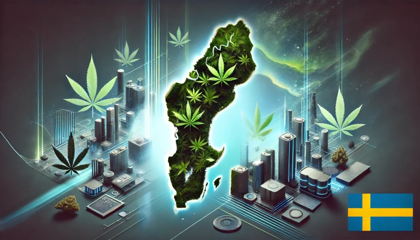 THCP: Andra Vågen av Laglig Cannabis – 15 Viktiga Frågor 12 En digital illustration som visar en futuristisk karta över Sverige, med fokus på landets konturer fyllda med gröna cannabisblad. Bilden inkluderar också moderna, futuristiska stadsbyggnader som sömlöst integreras med kartan. Färgerna går i nyanser av grönt, blått och metalliskt, vilket symboliserar tillväxt och framtiden för cannabis i Sverige. Sveriges flagga visas i det nedre högra hörnet av bilden.