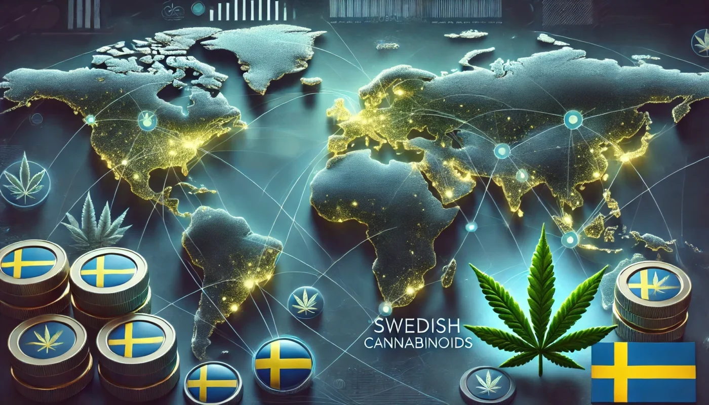 THCP: Andra Vågen av Laglig Cannabis – 15 Viktiga Frågor 11 En professionell digital illustration som visar en världskarta med handelsrutter, där Sverige är markerat. Cannabisblad är subtilt integrerade i kartan, och färgerna inkluderar djupa gröna, blå och guldtoner, vilket skapar en känsla av globalt inflytande och ekonomisk påverkan på den svenska cannabinoidmarknaden.