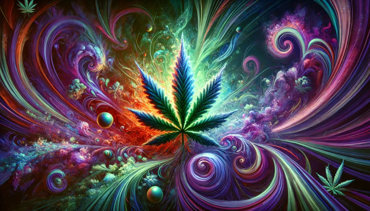 THCP: Andra Vågen av Laglig Cannabis – 15 Viktiga Frågor 10 En abstrakt och konstnärlig illustration med dynamiska, virvlande mönster och ljuseffekter i livfulla färger, inklusive djupa lila, blå och gröna nyanser. Bilden representerar cannabis på ett kreativt sätt utan att vara bokstavlig, med organiska former som skapar en känsla av rörelse och energi.